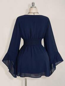 SHEIN ICON 女士西部风纯色深褶皱收腰喇叭袖时尚迷你连衣裙长袖蓝色连衣裙灯笼袖连衣裙藏蓝色连衣裙春夏款 - 藏蓝色 - 查看 3