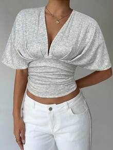 Aloruh Apricot Deep V Ruched Short Sleeve Tight Hem Women T-Shirt - Grey - View 4