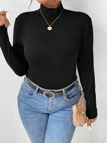 EMERY ROSE 2pcs Plain Versatile Base Layer Casual Minimalist Plus Size Turtleneck Long Sleeve T-Shirts, Suitable For Autumn/Winter Fall - Multicolor - View 4