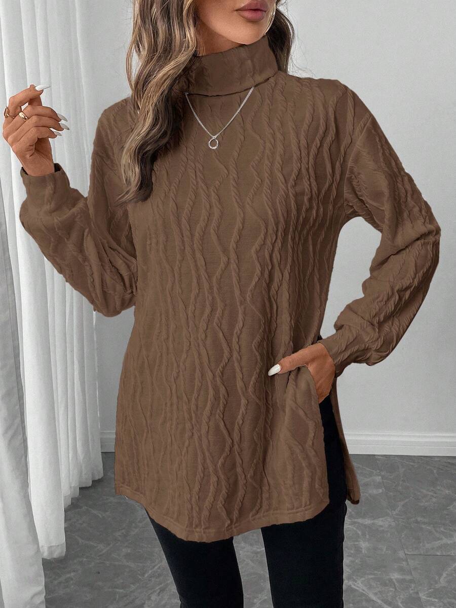 SHEIN LUNE Women's Classic Long Sleeve T-Shirt, Textured Knit Turtleneck, Comfortable & Versatile For Casual, Party, All Seasons,Brown Top,Fall,Fall Clothes For Women - Brown - View 1