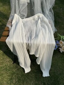 SHEIN Privé Áo len cardigan tay phồng màu trơn đơn giản cho kỳ nghỉ cỡ lớn - Màu be - Xem 5