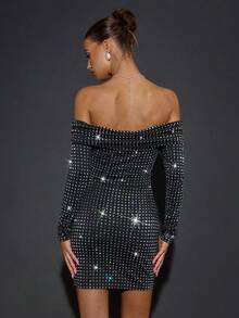SHEIN BAE Váy bodycon sequin trễ vai - màu đen - Xem 2