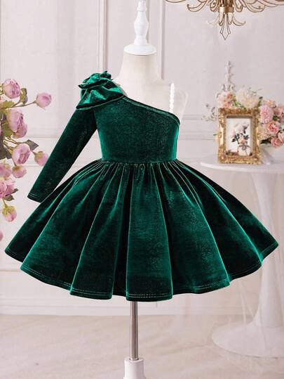 Glamorique Kids 女孩优雅礼服，蝴蝶结肩部不对称不对称连衣裙，适合婚礼，派对，宴会，绿色
