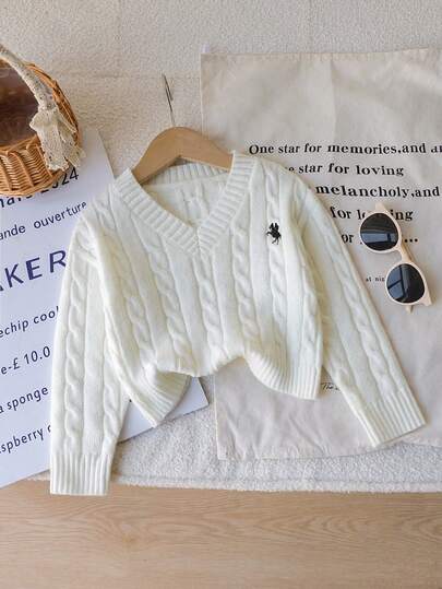 Sparklyn 1 件女童经典粗针织套头衫，V 领修身长袖常规厚度针织上衣，带有黑色骏马刺绣装饰，舒适百搭，适合春秋季节、日常休闲穿着或户外活动