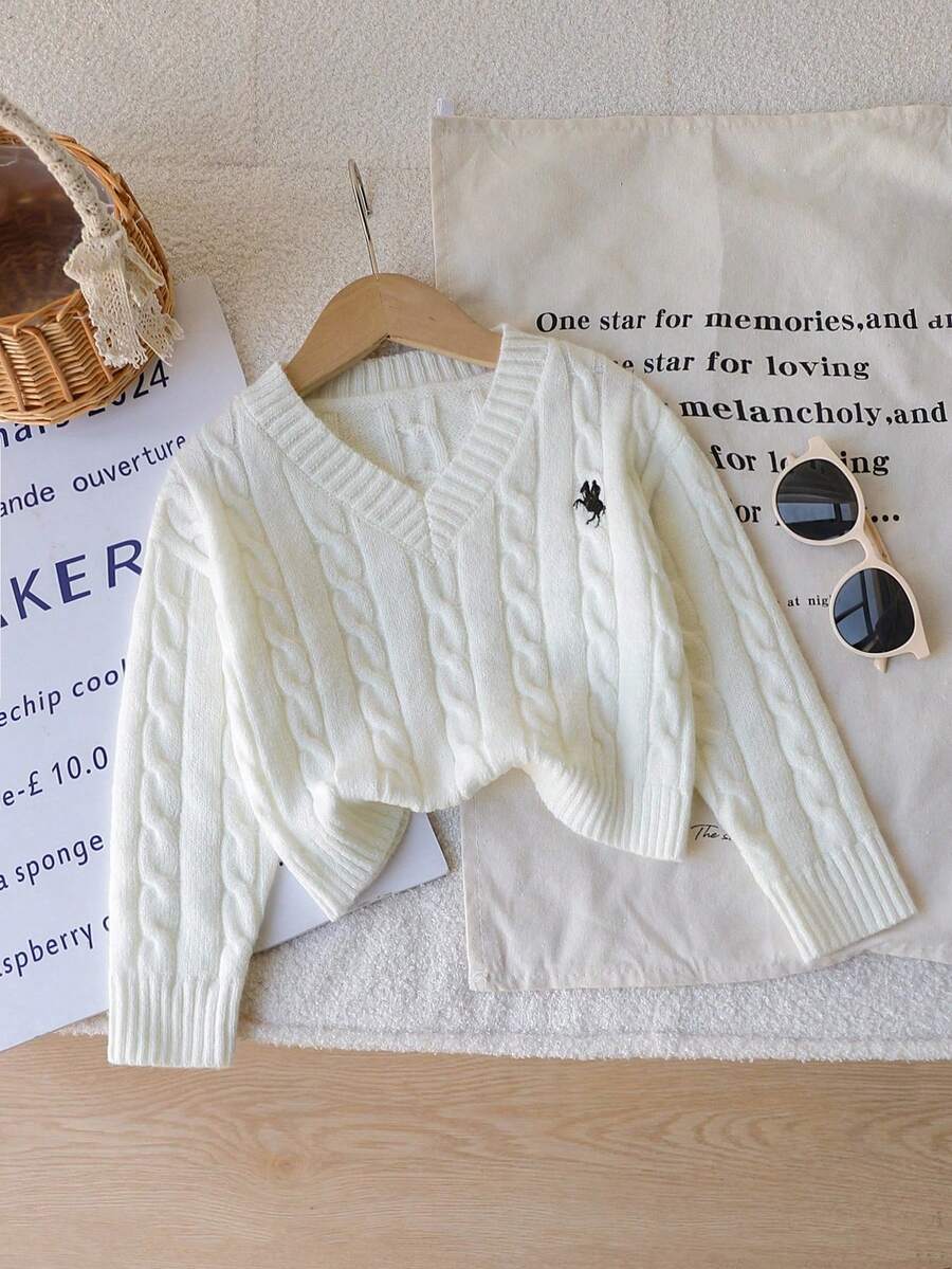 1 pieza Jersey de punto clásico de cable para niñas, jersey de punto de cuello en V de ajuste delgado de manga larga y grosor regular con decoración bordada de caballo negro, cómodo y versátil para primavera/otoño, uso diario casual o actividades al aire libre