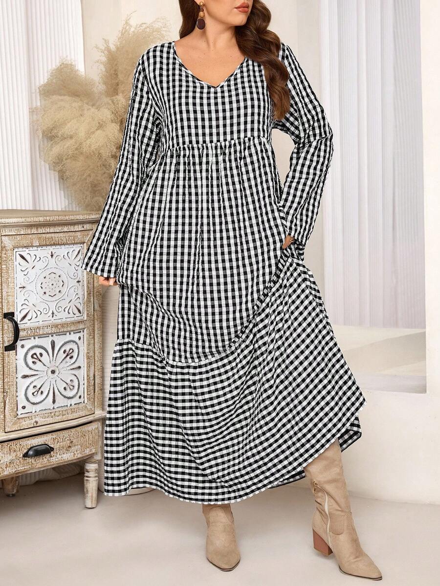 EMERY ROSE Plus Size Casual Loose V-Neck Plaid Long Dress Plaid Dress Women Picnic Dress For Woman Houndstooth Dress Gingham Dress, Autumn/Winter,2025 New