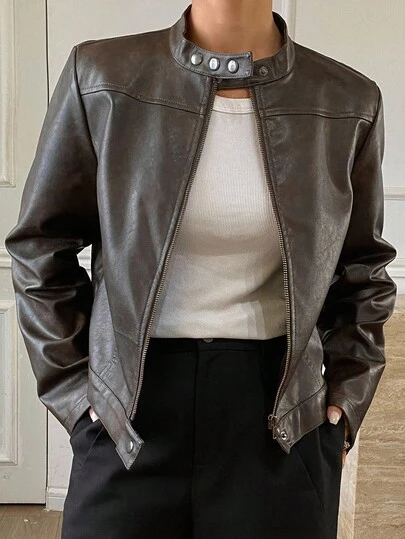 Livesso 女士秋季PU皮休闲常规立领夹克女式外套