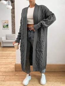 EURMUSE Cabel Pattern Patch Pocket Longline Thick Cardigan - Dark Grey - View 6