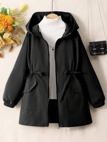 少女束腰连帽中长款轻便夹克，适合秋季日常穿着 - 黑色 - 查看 7