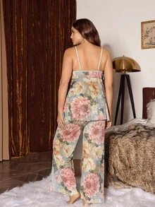 Slumberist Fashionable Floral Print Lace-Up Camisole & Robe Sleepwear Set, Plus Size Sleepwear Two Piece Lounge Set Floral Women Lounge Sets PJS PJSs For Women - Multicolor - View 2