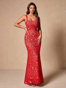 Glamine Đầm cocktail ôm sát không tay ren đỏ thời trang gợi cảm cho nữ - Đỏ - Xem 3