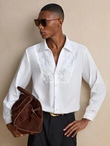 AKNOTIC Business Casual 男士白色水溶花拼布长袖衬衫，秋季 - 白色 - 查看 2