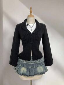 Elamini 1pc Women's Sexy Tight-Fitting Solid Color Front Button Long Sleeve Cardigan - Black - View 3