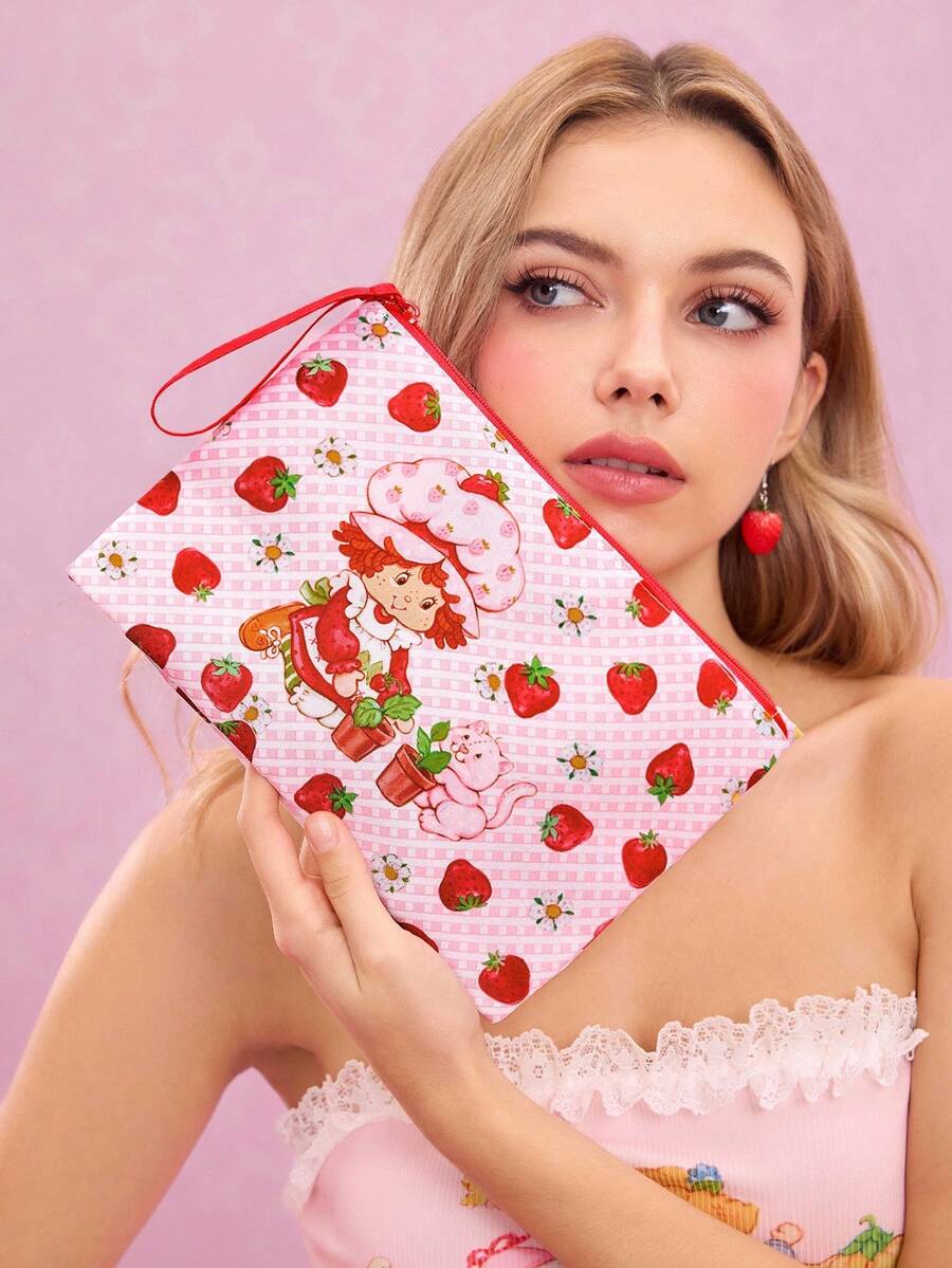 Strawberry Shortcake X SHEIN Fashionable Cute Cartoon Strawberry Print Cosmetic Bag, Gift Ideas - Baby Pink - View 1