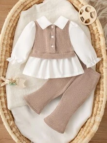 SHEIN Set de 2 piezas de ropa casual para bebé niña recién nacida, con blusa de bloques de color con cuello y pantalones holgados de punto, sencillo y de moda - Caqui - Ver 2