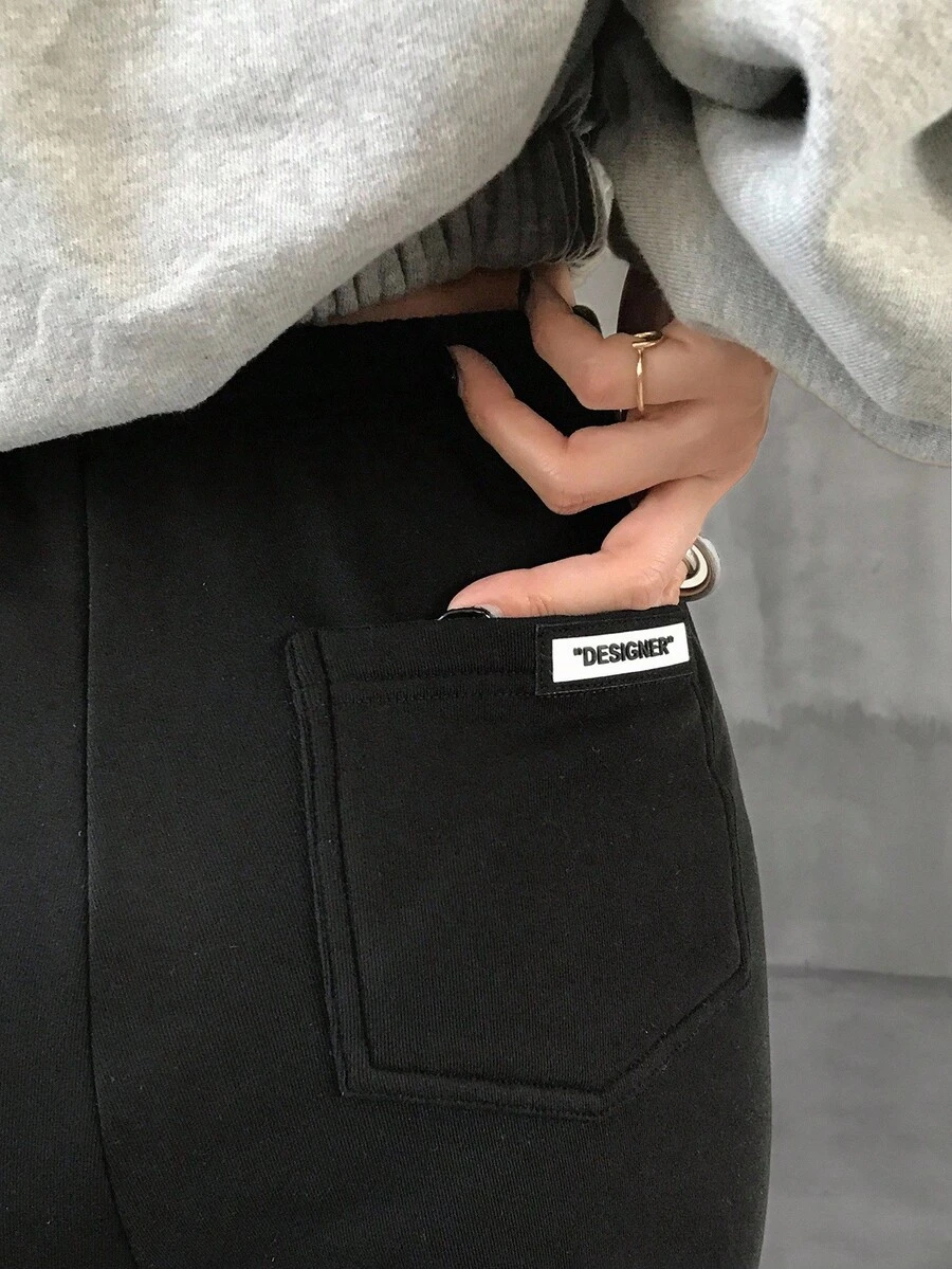 FRIFUL Women's Black Solid Color Pocket Woven Label Decor Thermal Lining Slim Fit Casual Leggings, Versatile Autumn/Winter Tights - Grey - View 1