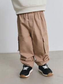 Maija Kids Young Boy Woven Khaki Cargo Pants With Pockets, Casual