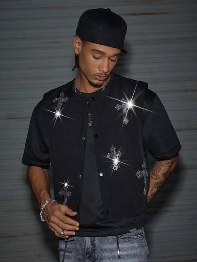 AXEPEAK Chaleco casual de verano para hombres con patrón de cruz de rhinestone