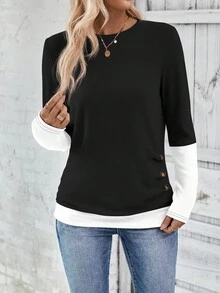 EMERY ROSE Camiseta casual de mujer con parches de color contrastante 2 en 1, camisetas gráficas de otoño para mujeres