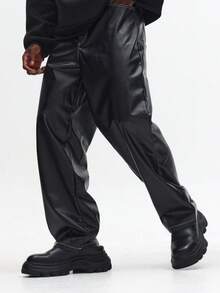 SUMWON Wide Leg Faux Leather Trousers With Contrast Stitch Design Versatile Urban Fashion Pants Modern Streetwear Statement Bottoms - Black - View 3