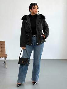 Firerie Manteau long rembourré à col amovible, doublure thermique super épaisse, pour le travail et les sorties, grande taille. Veste en coton à capuche, col en fourrure, manches longues, taille resserrée par cordon, poches en peluche, pour l'automne/l'hiver. - Noir - Voir 7