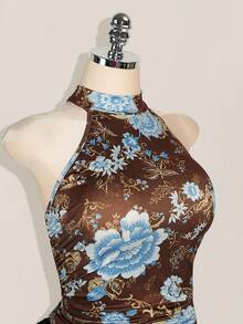SHEIN ICON 加大码 Y2K 夏季外出波西米亚风西部乡村音乐会女式性感露背花卉印花挂脖上衣，夏季 - 棕色 - 查看 3