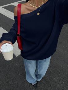 SHEIN EZwear Navy Blue Oversized Oblique Shoulder Thermal Lined Women Sweatshirt, Autumn/Winter - Navy Blue - View 6