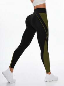 SHEIN Sports 女式高腰弹力撞色手机口袋紧身裤 - 彩色 - 查看 3