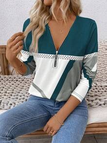 EMERY ROSE Áo thun nữ tay dài thường ngày thu/đông có cổ nửa khóa kéo, áo thun họa tiết hình học, áo nữ cho mùa xuân thu, vải dành cho nữ - Nhiều màu - Xem 6