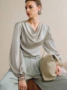 Arave 法式优雅翻领长袖衬衫，适合全年通勤 - 綠色 - 查看 5