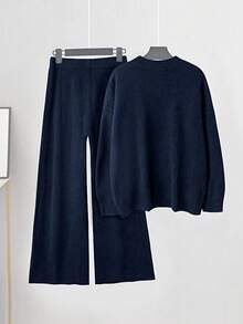 Linhara Plus Size Women Knitted Wool Sweater Loungewear Set, Coffee Color - Navy Blue - View 2