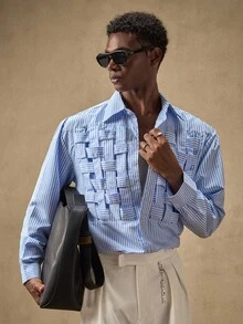 AKNOTIC Business Casual 男士条纹梭织简约休闲长袖衬衫 - 藍白色 - 查看 5