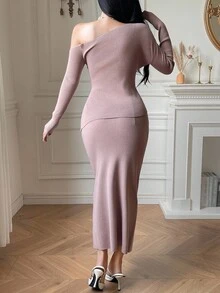 DAZY 女士优雅亮片肩部针织毛衣和百褶裙两件套，秋季 - 粉色 - 查看 2