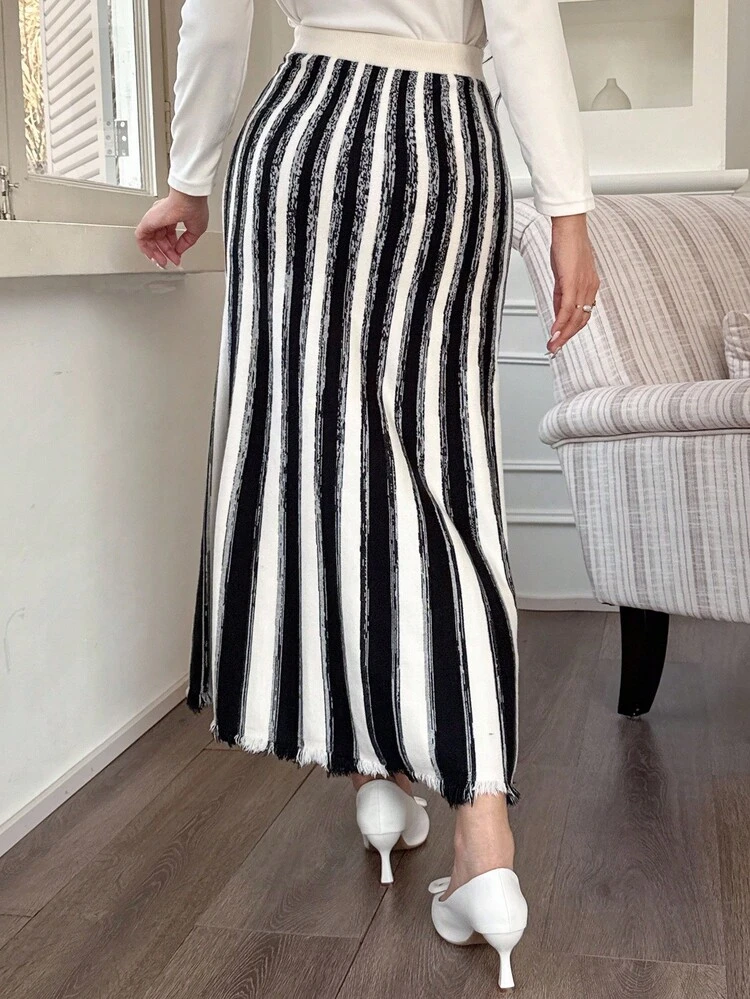 Women's Casual Colorblock Striped A-Line Sweater Skirt, Autumn Winter Women Skirts