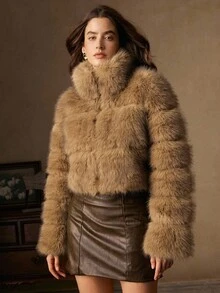 Anewsta Fashionable Faux Fur Women's Jacket, Fox Fur Dyed Pointed Collar Windproof Elegant Short Coat - Brown - View 6