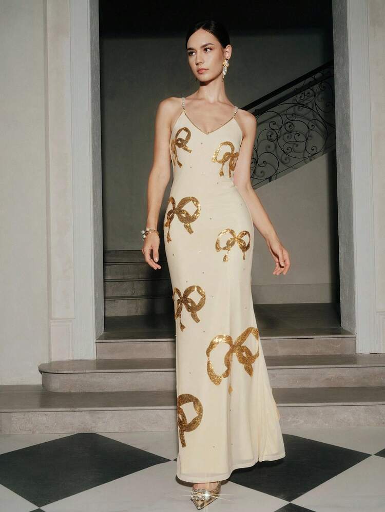 Abito da donna con spalline sottili, nuovo abito elegante con fiocco e paillettes, stile chic da strada adatto per feste, matrimoni, compleanni, autunno, inverno, estate, Capodanno