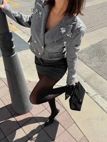 Siren Gaze New Women's Fashion Commuter 3D Floral Decor Sequin Blazer,Gray Tweed Suit, Suitable For Commuting,Winter Jacket