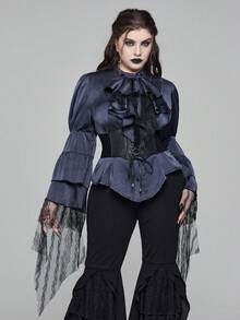 ROMWE EDITION 加大码中世纪复古深色哥特式蕾丝拼布长袖衬衫 - 灰色 - 查看 8