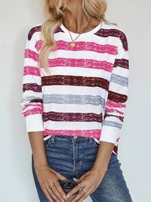 SHEIN LUNE Women Crew Neck Long Sleeve Striped Casual Top Graphic Tees Women Tops For Spring - Multicolor - View 3