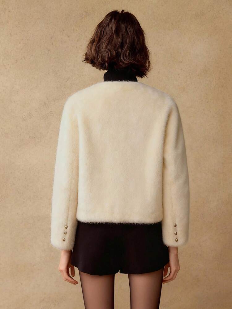 FASHIONABLE & VERSATILE GOLD BUTTON PLACKET FAUX FUR COAT