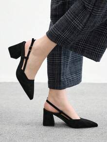 CUCCOO BIZCHIC 女士时尚黑色露跟尖头粗跟中跟鞋，经典简约设计，适合通勤、约会、派对、度假、婚礼等场合，春季鞋履 - 黑色 - 查看 3