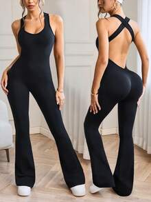 SHEIN Sports 无缝交叉喇叭腿连体裤 - 黑色 - 查看 1