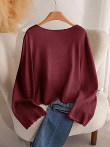 CosyJoli 秋冬大码休闲菠萝纹镂空圆领喇叭袖口长袖套头衫 - 紅色 - 查看 2