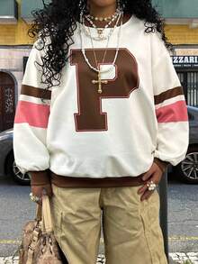 INAWLY 撞色条纹字母刺绣超大圆领长袖运动衫 - 彩色 - 查看 4