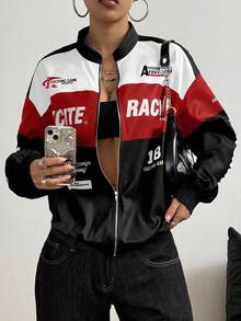 StreetHx Petite 字母印花撞色落肩飞行员夹克，适合新年服装