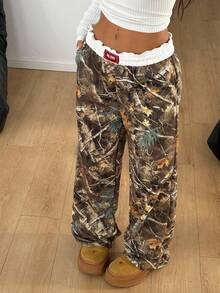 Coolane 女式树枝图案阔腿休闲裤 - 軍綠色 - 查看 2