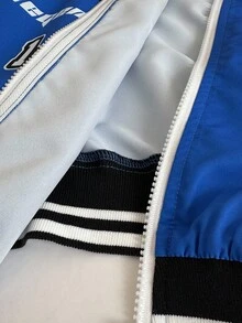 Coolane Women's Fall Streetwear Concert Rave Blokecore Color-Blocked PU Letter Pattern Print Blue Baseball Jackets For Back To School - Blue - View 7