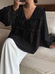 Dripcurv Plus-Size Women's Black V-Neck Casual Lantern Sleeve Top, Loose-Fitting Everyday Vacation Style, Suitable For New Year's And Valentine's Day. - Black - View 4