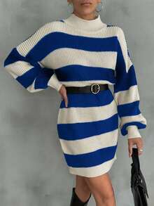 SHEIN Cottnline Women Drop Shoulder Sweater Dress With Striped Pattern - Royal Blue - View 5