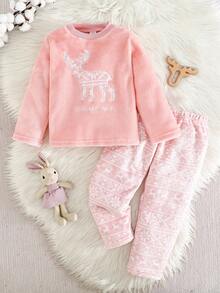 2 件套女童圣诞驯鹿印花双面法兰绒圆领长袖上衣和裤子睡衣套装 - 粉色 - 查看 8